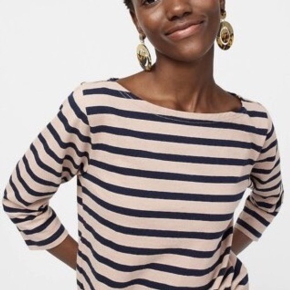 J.Crew Womens Striped Boatneck Top Navy Tan 3/4 Sleeve Cotton Tee Large gf